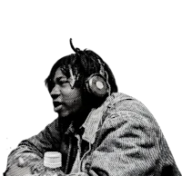 a black and white photo of a man with headphones